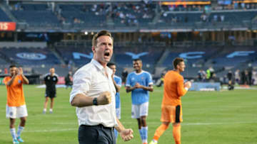 New York City FC head coach Ronny Deila celebrates with teammates after defeating Orlando City at Yankee Stadium. Mandatory Credit: Vincent Carchietta-USA TODAY Sports