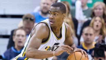 Oct 29, 2014; Salt Lake City, UT, USA; Utah Jazz guard Alec Burks (10) dribbles the ball during the second half against the Houston Rockets at EnergySolutions Arena. The Rockets won 104-93. Mandatory Credit: Russ Isabella-USA TODAY Sports