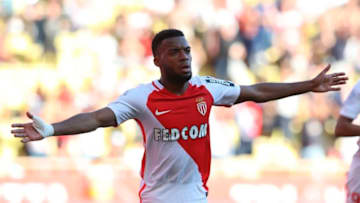 Monaco's French midfielder Thomas Lemar celebrates after scoring a goal during the French L1 football match Monaco (ASM) vs Toulouse (TFC) on April 29, 2017 at the 'Louis II Stadium' in Monaco. / AFP PHOTO / VALERY HACHE (Photo credit should read VALERY HACHE/AFP/Getty Images)