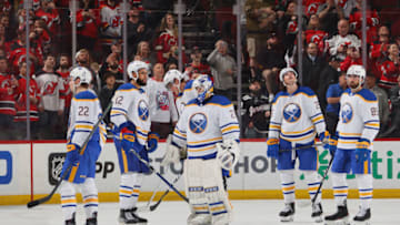 NEWARK, NEW JERSEY - APRIL 11: The Buffalo Sabres leave the ice following a 6-2 loss to the New Jersey Devils at the Prudential Center on April 11, 2023 in Newark, New Jersey. (Photo by Bruce Bennett/Getty Images)