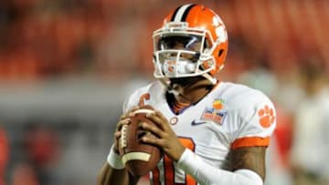 Jan 3, 2014; Miami Gardens, FL, USA; Clemson Tigers quarterback Tajh Boyd (10) warms up before a game against Ohio State Buckeyes in the 2014 Orange Bowl college football game at Sun Life Stadium. Mandatory Credit: Steve Mitchell-USA TODAY Sports