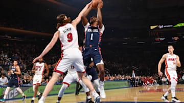 NEW YORK, NY MARCH 30: Emmanuel Mudiay #1 of the New York Knicks shoots the ball against the Miami Heat on March 30, 2019 at Madison Square Garden in New York City, New York. NOTE TO USER: User expressly acknowledges and agrees that, by downloading and or using this photograph, User is consenting to the terms and conditions of the Getty Images License Agreement. Mandatory Copyright Notice: Copyright 2019 NBAE (Photo by Jesse D. Garrabrant/NBAE via Getty Images)
