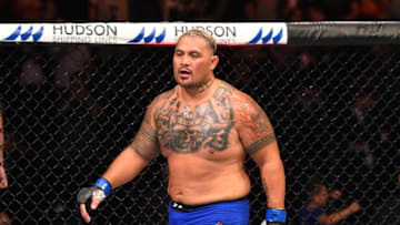 AUCKLAND, NEW ZEALAND - JUNE 11: Mark Hunt of New Zealand reacts after defeating Derrick Lewis by TKO in their heavyweight fight during the UFC Fight Night event at the Spark Arena on June 11, 2017 in Auckland, New Zealand. (Photo by Josh Hedges/Zuffa LLC/Zuffa LLC via Getty Images)