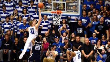 DURHAM, NC - DECEMBER 08: Jack White #41 of the Duke Blue Devils puts up a shot against Jordan Bruner #23 of the Yale Bulldogs in the first half at Cameron Indoor Stadium on December 8, 2018 in Durham, North Carolina. (Photo by Lance King/Getty Images)