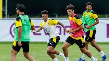 Jadon Sancho of Borussia Dortmund looks on (Photo by Roland Krivec/DeFodi Images via Getty Images )