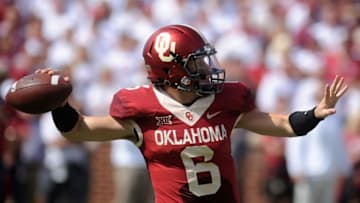Oct 3, 2015; Norman, OK, USA; Oklahoma Sooners quarterback Baker Mayfield (6) looks to pass against the West Virginia Mountaineers in the second quarter at Gaylord Family - Oklahoma Memorial Stadium. Mandatory Credit: Mark D. Smith-USA TODAY Sports