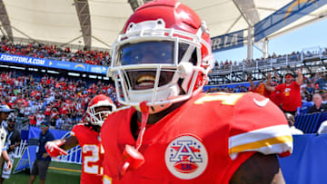 Kansas City Chiefs wide receiver Tyreek Hill celebrates his second touchdown of the day against the Los Angeles Chargers on Sunday, Sept. 9, 2018 at the StubHub Center in Los Angeles, Calif. (John Sleezer/Kansas City Star/TNS via Getty Images)