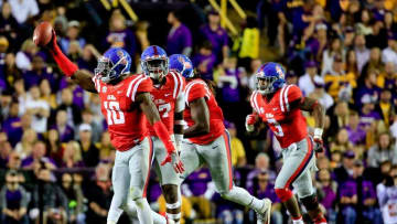 Oct 22, 2016; Baton Rouge, LA, USA; Mississippi Rebels defensive end Marquis Haynes (10) celebrates after a fumble recovery against the LSU Tigers during the first half of a game at Tiger Stadium. Mandatory Credit: Derick E. Hingle-USA TODAY Sports