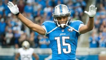 Oct 19, 2014; Detroit, MI, USA; Detroit Lions wide receiver Golden Tate (15) during the game against the New Orleans Saints at Ford Field. Detroit won 24-23. Mandatory Credit: Tim Fuller-USA TODAY Sports