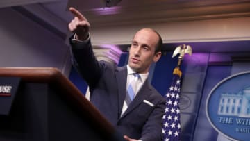 WASHINGTON, DC - AUGUST 02: Senior Advisor to the President for Policy Stephen Miller calls on reporters while talking about President Donald Trump's support for creating a 'merit-based immigration system' in the James Brady Press Briefing Room at the White House August 2, 2017 in Washington, DC. Earlier in the day President Donald Trump signed bipartisan legislation into law placing new sanctions on Russia and reducing his ability to lift the sanctions on Moscow. (Photo by Chip Somodevilla/Getty Images)