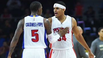 Oct 17, 2016; Auburn Hills, MI, USA; Detroit Pistons forward Tobias Harris (34) and guard Kentavious Caldwell-Pope (5) celebrates during the third quarter against the Milwaukee Bucks at The Palace of Auburn Hills. Mandatory Credit: Tim Fuller-USA TODAY Sports