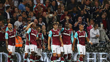 LONDON, ENGLAND - SEPTEMBER 21: Dimitri Payet of West Ham United celebrates scoring his sides first goal with team mates during the EFL Cup Third Round match between West Ham United and Accrington Stanley at the London Stadium on September 21, 2016 in London, England. (Photo by Ian Walton/Getty Images)
