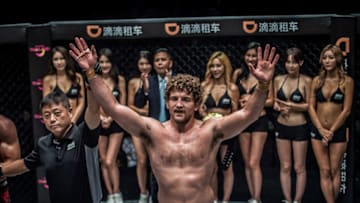 SHANGHAI, CHINA - SEPTEMBER 02: Ben Askren is declared the winner against Zebaztian Kadestam during ONE Championship: Shanghai at the Shanghai Oriental Sports Center on September 02, 2017 in Shanghai, China. (Photo by David Ash/ONE Championship/Getty Images)