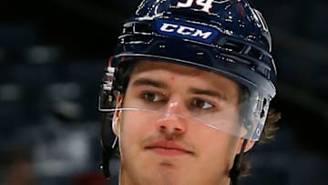 Oct 25, 2021; Columbus, Ohio, USA; Columbus Blue Jackets center Cole Sillinger (34) during warmups against the Dallas Stars at Nationwide Arena. Mandatory Credit: Russell LaBounty-USA TODAY Sports