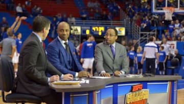Feb 28, 2015; Lawrence, KS, USA; ESPN GameDay announcers Reece Davis (left), and Jay Williams (center), and Stephen A Smith broadcast from the court before the game between the Kansas Jayhawks and Texas Longhorns at Allen Fieldhouse. Mandatory Credit: Denny Medley-USA TODAY Sports