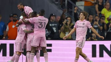NASHVILLE, TENNESSEE - AUGUST 19: Lionel Messi #10 of Inter Miami celebrates with his teammates after scoring a goal in the 23rd minute against the Nashville SC during first half in the Leagues Cup 2023 final match between Inter Miami CF and Nashville SC at GEODIS Park on August 19, 2023 in Nashville, Tennessee. (Photo by Kevin C. Cox/Getty Images)