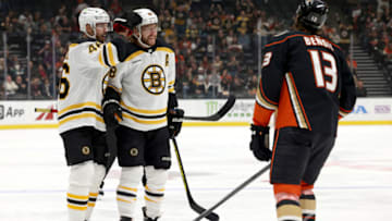 Jan 8, 2023; Anaheim, California, USA; Boston Bruins right wing David Pastrnak (88) celebrates with center David Krejci (46) after a goal during the first period against the Anaheim Ducks at Honda Center. Mandatory Credit: Jason Parkhurst-USA TODAY Sports
