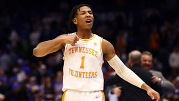 Mar 12, 2022; Tampa, FL, USA; Tennessee Volunteers guard Kennedy Chandler (1) celebrates against the Kentucky Wildcats during the second half at Amalie Arena. Mandatory Credit: Kim Klement-USA TODAY Sports