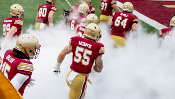 CHESTNUT HILL, MASSACHUSETTS - OCTOBER 24: Isaiah McDuffie #55 of the Boston College Eagles takes the field ahead of a game against the Georgia Tech Yellow Jackets at Alumni Stadium on October 24, 2020 in Chestnut Hill, Massachusetts. (Photo by Maddie Malhotra/Getty Images)