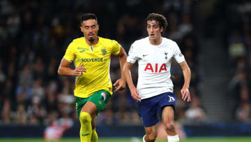 LONDON, ENGLAND - AUGUST 26: Bryan Gil of Tottenham Hotspur and Jorge Silva of Pacos De Ferreira in action during the UEFA Conference League Play-Offs Leg Two match between Tottenham Hotspur and Pacos de Ferreira at on August 26, 2021 in London, England. (Photo by Chloe Knott - Danehouse/Getty Images)