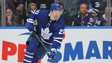 TORONTO, ON - OCTOBER 22: Nick Ritchie #20 of the Toronto Maple Leafs skates against the San Jose Sharks during an NHL game at Scotiabank Arena on October 22, 2021 in Toronto, Ontario, Canada. The Sharks defeated the Maple Leafs 5-3. (Photo by Claus Andersen/Getty Images)