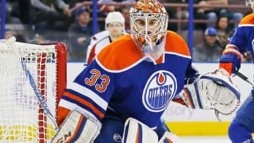Oct 23, 2015; Edmonton, Alberta, CAN; Edmonton Oilers goaltender Cam Talbot (33) makes a save against the Washington Capitals at Rexall Place. Mandatory Credit: Perry Nelson-USA TODAY Sports