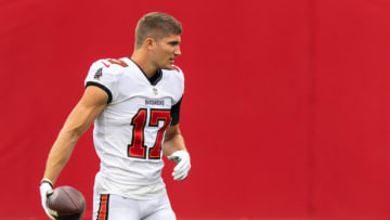 TAMPA, FLORIDA - OCTOBER 04: Justin Watson #17 of the Tampa Bay Buccaneers looks on before the start of a game against the Los Angeles Chargers at Raymond James Stadium on October 04, 2020 in Tampa, Florida. (Photo by James Gilbert/Getty Images)
