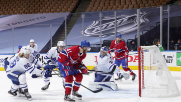 July 28, 2020; Toronto, Ontario, CANADA; Paul Byron #41 of the Montreal Canadiens scores on a backhand shot against goaltender Frederik Andersen #31 of the Toronto Maple Leafs in the third period of an exhibition game prior to the 2020 NHL Stanley Cup Playoffs at Scotiabank Arena on July 28, 2020 in Toronto, Ontario. Mandatory Credit: Mark Blinch/NHLI via USA TODAY Sports
