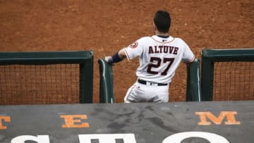Sep 12, 2016; Houston, TX, USA; Houston Astros second baseman Jose Altuve (27) watches from the dugout during the game against the Texas Rangers at Minute Maid Park. Mandatory Credit: Troy Taormina-USA TODAY Sports