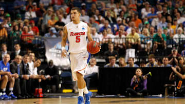 TAMPA, FL - MARCH 17: Scottie Wilbekin #5 of the Florida Gators brings the ball up court against the UC Santa Barbara Gauchos during the second round of the 2011 NCAA men's basketball tournament at St. Pete Times Forum on March 17, 2011 in Tampa, Florida. Florida won 79-51. (Photo by J. Meric/Getty Images)