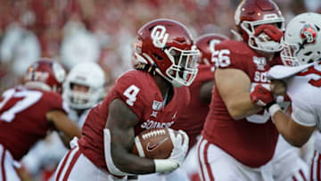 NORMAN, OK - SEPTEMBER 07: Running back Trey Sermon #4 of the Oklahoma Sooners runs against the South Dakota Coyotes at Gaylord Family Oklahoma Memorial Stadium on September 7, 2019 in Norman, Oklahoma. (Photo by Brett Deering/Getty Images)