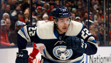 COLUMBUS, OH - NOVEMBER 15: Jake Bean #22 of the Columbus Blue Jackets skates after the puck during the game against the Detroit Red Wings at Nationwide Arena on November 15, 2021 in Columbus, Ohio. (Photo by Kirk Irwin/Getty Images)