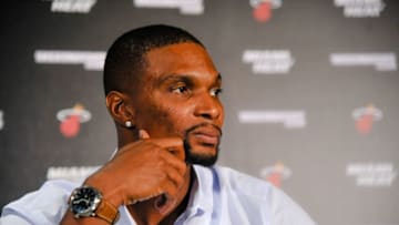 Sep 24, 2015; Miami, FL, USA; Miami Heat center Chris Bosh address members of the media during a press conference at the American Airlines Arena. Mandatory Credit: Steve Mitchell-USA TODAY Sports
