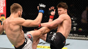 ABU DHABI, UNITED ARAB EMIRATES - SEPTEMBER 27: (L-R) Ludovit Klein of Slovakia kicks Shane Young of New Zealand in their featherweight bout during UFC 253 inside Flash Forum on UFC Fight Island on September 27, 2020 in Abu Dhabi, United Arab Emirates. (Photo by Josh Hedges/Zuffa LLC)