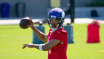 Minnesota Vikings quarterback Kellen Mond (11) . Mandatory Credit: Brad Rempel-USA TODAY Sports