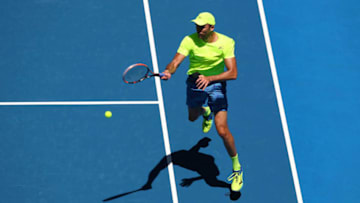 MELBOURNE, AUSTRALIA - JANUARY 21: Ivo Karlovic of Croatia plays a forehand in his third round match against David Goffin of Belgium on day six of the 2017 Australian Open at Melbourne Park on January 21, 2017 in Melbourne, Australia. (Photo by Cameron Spencer/Getty Images)