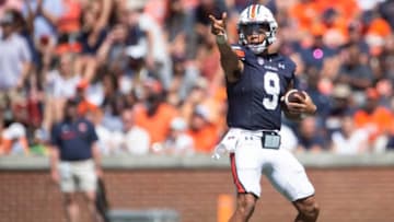 Auburn football quarterback Robby Ashford (9) celebrates his first down run as Auburn Tigers take on Missouri Tigers at Jordan-Hare Stadium in Auburn, Ala., on Saturday, Sept. 24, 2022.