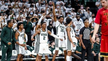 Michigan State's bench reacts to a Spartans 3-pointer against Ferris State during the second half on Wednesday, Oct. 27, 2021, at the Breslin Center in East Lansing.211027 Msu Ferris 177a