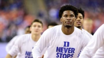 Apr 6, 2015; Indianapolis, IN, USA; Duke Blue Devils forward Justise Winslow warms up before the 2015 NCAA Men