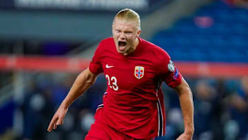 Erling Haaland celebrates after completing his hat-trick (Photo by HAKON MOSVOLD LARSEN/NTB/AFP via Getty Images)