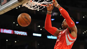 December 17, 2015; Los Angeles, CA, USA; Houston Rockets center Dwight Howard (12) during a stoppage in play against Los Angeles Lakers during the second half at Staples Center. Mandatory Credit: Gary A. Vasquez-USA TODAY Sports