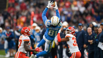 Los Angeles Chargers wide receiver Mike Williams catches the ball during the 2019 NFL week 11 regular season football game between Kansas City Chiefs and Los Angeles Chargers on November 18, 2019, at the Azteca Stadium in Mexico City. (Photo by PEDRO PARDO / AFP) (Photo by PEDRO PARDO/AFP via Getty Images)