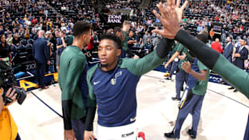 SALT LAKE CITY, UT - OCTOBER 2: Donovan Mitchell #45 of the Utah Jazz gets introduced before the game against the Toronto Raptors on October 2, 2018 at Vivint Smart Home Arenaa in Salt Lake City, Utah. Copyright 2018 NBAE (Photo by Melissa Majchrzak/NBAE via Getty Images)