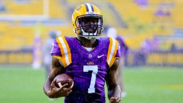 Oct 24, 2015; Baton Rouge, LA, USA; LSU Tigers running back Leonard Fournette (7) before a game against the Western Kentucky Hilltoppers at Tiger Stadium. Mandatory Credit: Derick E. Hingle-USA TODAY Sports