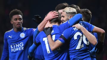 LEICESTER, ENGLAND - JANUARY 20: Riyad Mahrez of Leicester City celebrates after scoring his sides second goal with his team mates during the Premier League match between Leicester City and Watford at The King Power Stadium on January 20, 2018 in Leicester, England. (Photo by Laurence Griffiths/Getty Images)