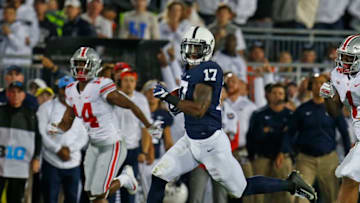 STATE COLLEGE, PA - SEPTEMBER 29: Garrett Taylor #17 of the Penn State Nittany Lions runs after making an interception in the first half against the Ohio State Buckeyes on September 29, 2018 at Beaver Stadium in State College, Pennsylvania. (Photo by Justin K. Aller/Getty Images)
