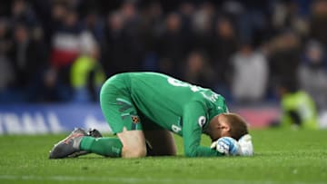 LONDON, ENGLAND - NOVEMBER 30: David Martin of West Ham United celebrates victory at full-time after the Premier League match between Chelsea FC and West Ham United at Stamford Bridge on November 30, 2019 in London, United Kingdom. (Photo by Mike Hewitt/Getty Images)