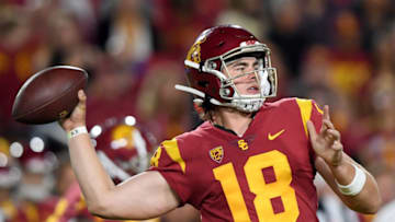 LOS ANGELES, CALIFORNIA - AUGUST 31: JT Daniels #18 of the USC Trojans makes a pass during the second quarter against the Fresno State Bulldogs at Los Angeles Memorial Coliseum on August 31, 2019 in Los Angeles, California. (Photo by Harry How/Getty Images)