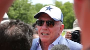 Jun 17, 2014; Dallas, TX, USA; Dallas Cowboys owner Jerry Jones answers questions about Kyle Orton (not pictured) not being at minicamp at Cowboys headquarters at Valley Ranch. Mandatory Credit: Matthew Emmons-USA TODAY Sports