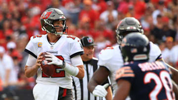 TAMPA, FLORIDA - OCTOBER 24: Tom Brady #12 of the Tampa Bay Buccaneers drops back to pass in the first quarter against the Chicago Bears in the game at Raymond James Stadium on October 24, 2021 in Tampa, Florida. (Photo by Mike Ehrmann/Getty Images)